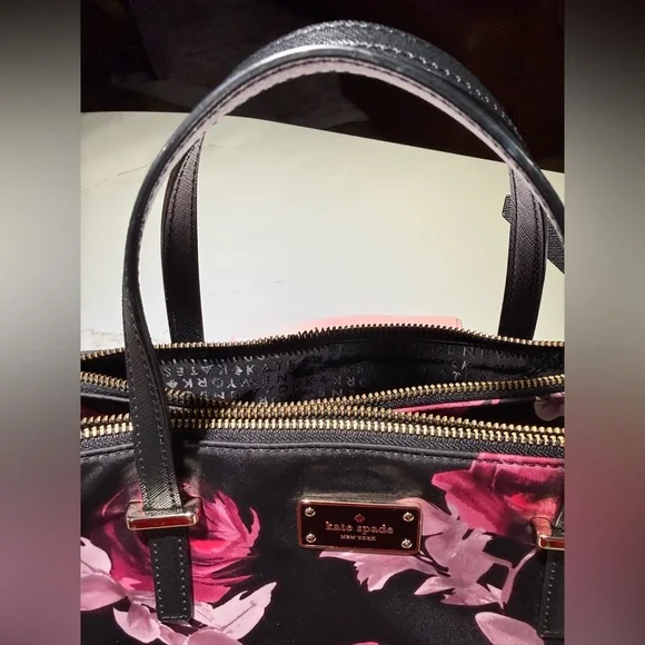 KATE SPADE Crossbody Nylon Tote, P436 Black Pink Roses - Picture 6 of 16